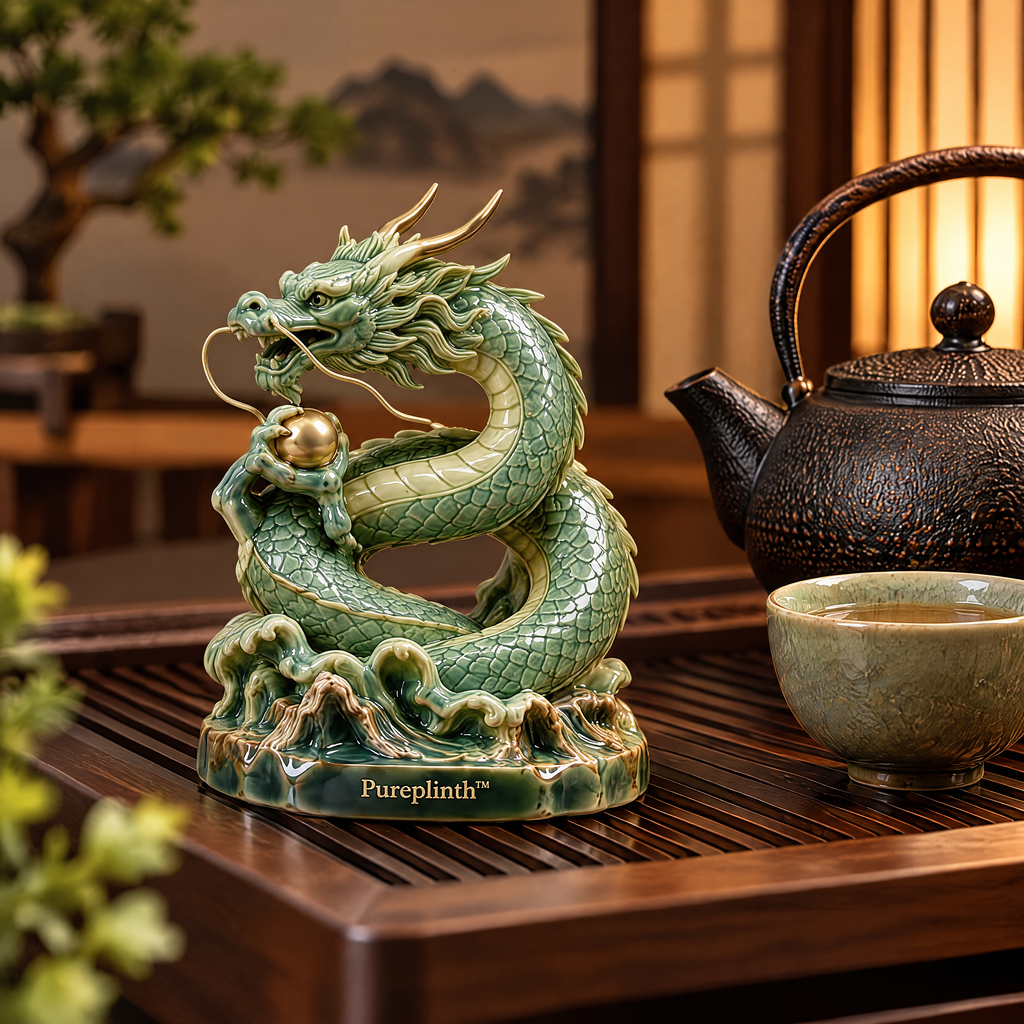 Pureplinth™ Jade Dragon Coil – Ceramic Dragon & Cloud Pearl Figurine