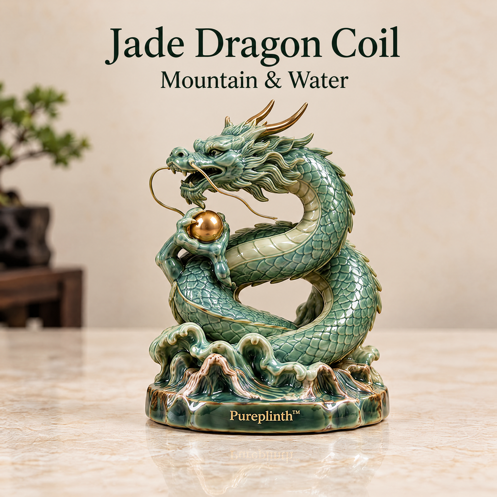 Pureplinth™ Jade Dragon Coil – Ceramic Dragon & Cloud Pearl Figurine