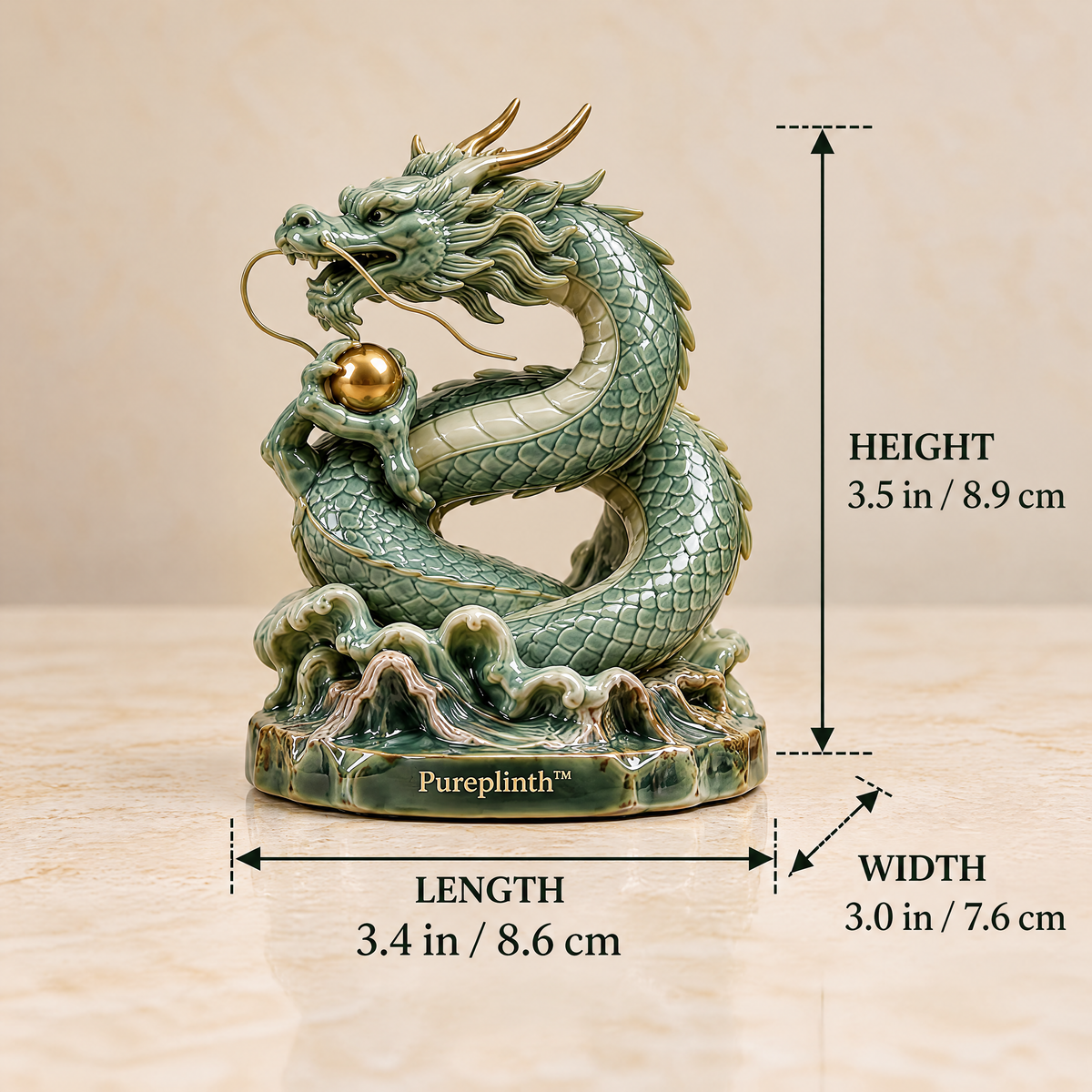 Pureplinth™ Jade Dragon Coil – Ceramic Dragon & Cloud Pearl Figurine