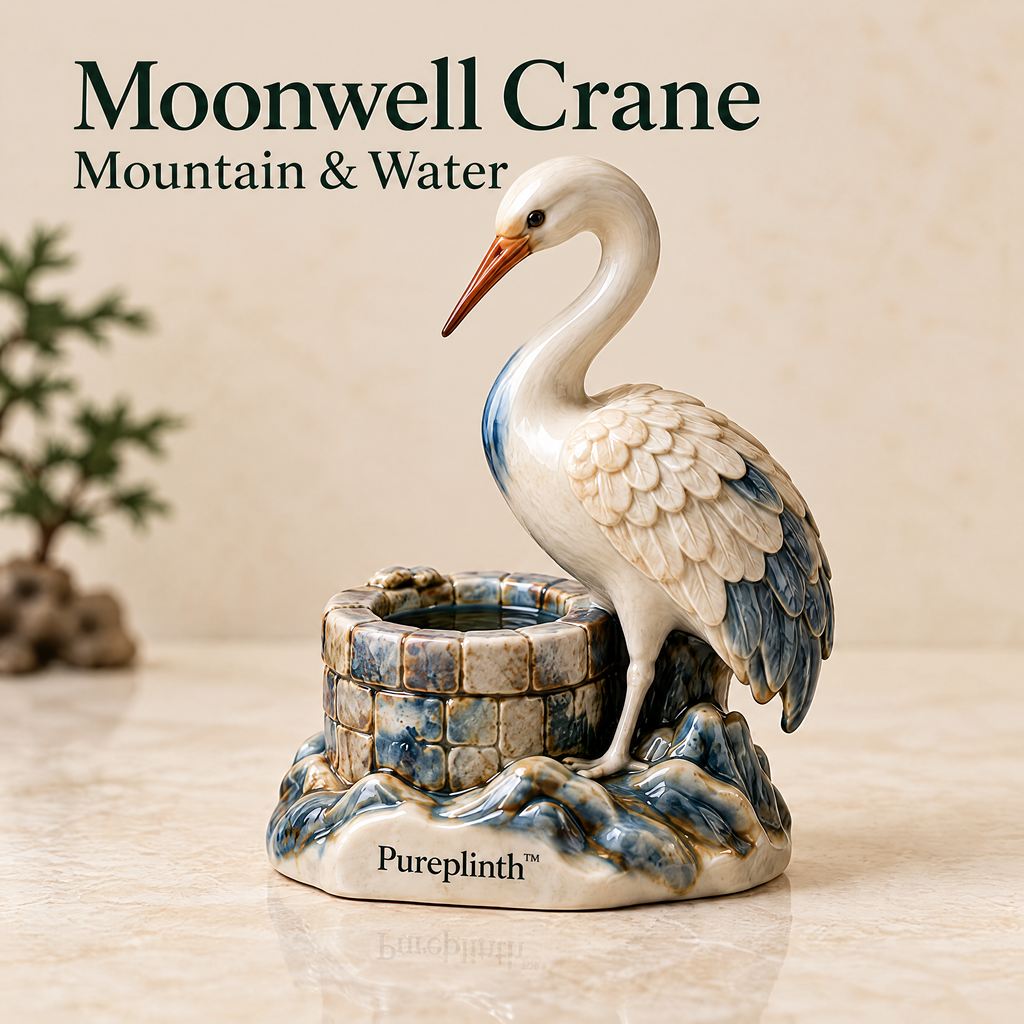 Pureplinth™ Moonwell Crane – Ceramic Crane & Ancient Well Figurine