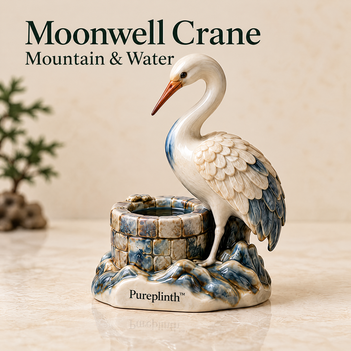 Pureplinth™ Moonwell Crane – Ceramic Crane & Ancient Well Figurine