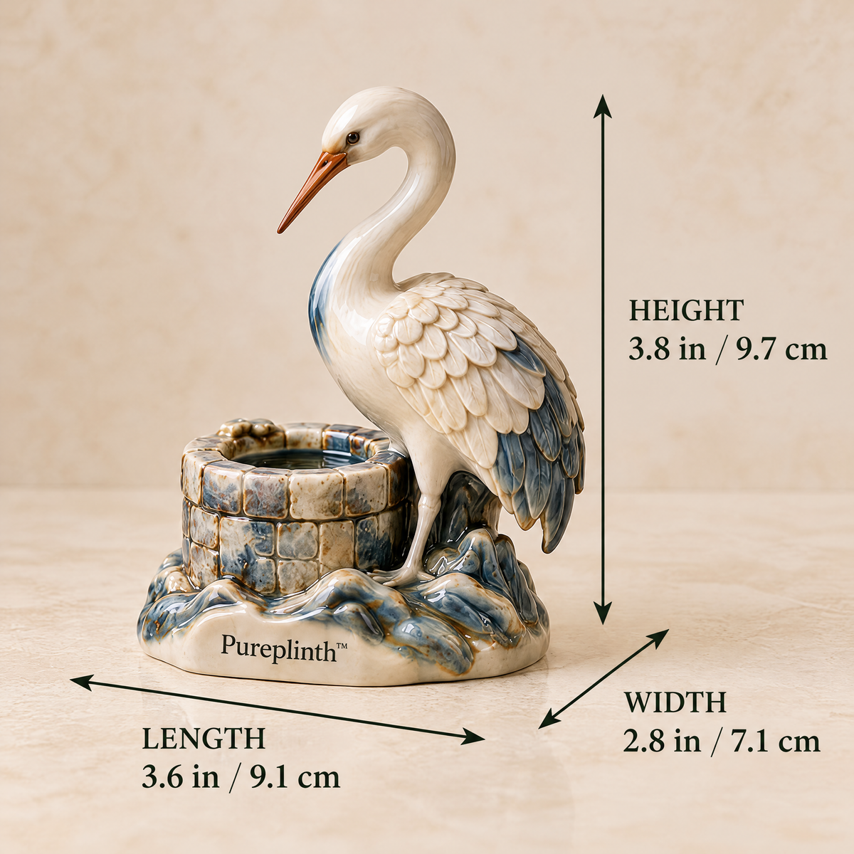 Pureplinth™ Moonwell Crane – Ceramic Crane & Ancient Well Figurine