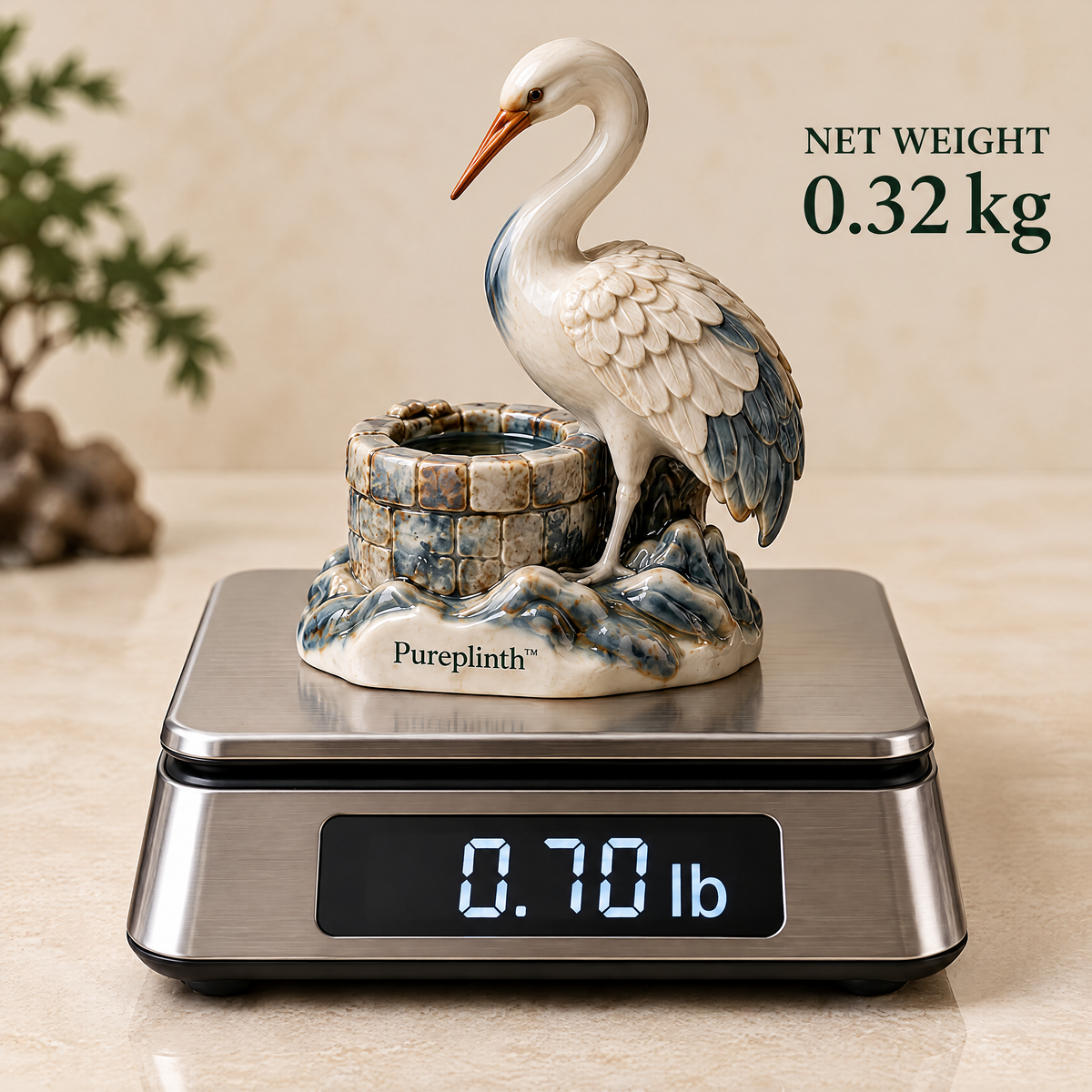 Pureplinth™ Moonwell Crane – Ceramic Crane & Ancient Well Figurine