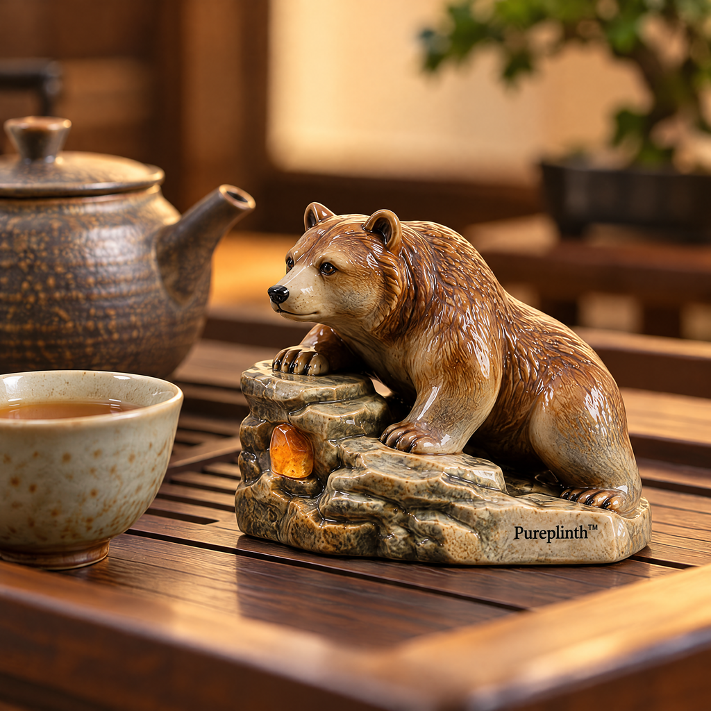 Pureplinth™ Amber Cliff Bear – Ceramic Bear & Amber Cliff Figurine