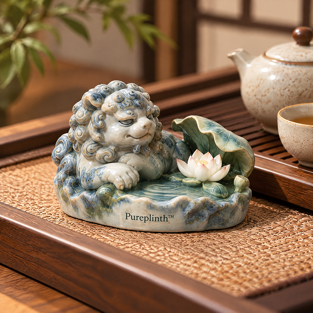 Pureplinth™ Lotus Basin Guardian – Ceramic Lion & Lotus Basin Figurine