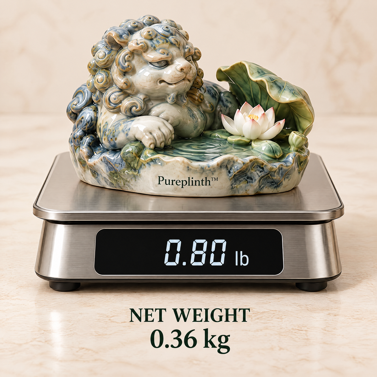 Pureplinth™ Lotus Basin Guardian – Ceramic Lion & Lotus Basin Figurine