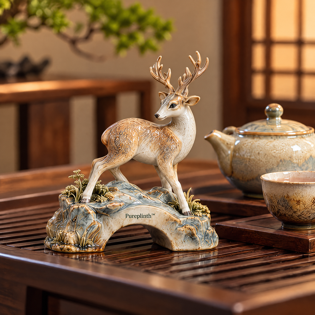 Pureplinth™ Cloudbridge Deer – Ceramic Deer & Stone Bridge Figurine