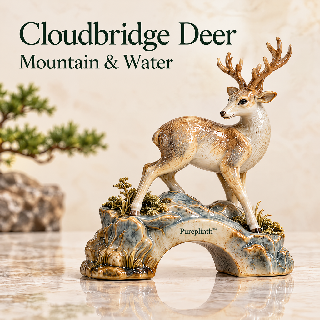 Pureplinth™ Cloudbridge Deer – Ceramic Deer & Stone Bridge Figurine