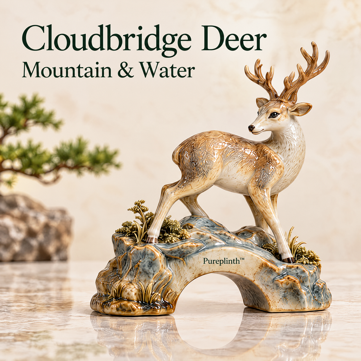Pureplinth™ Cloudbridge Deer – Ceramic Deer & Stone Bridge Figurine