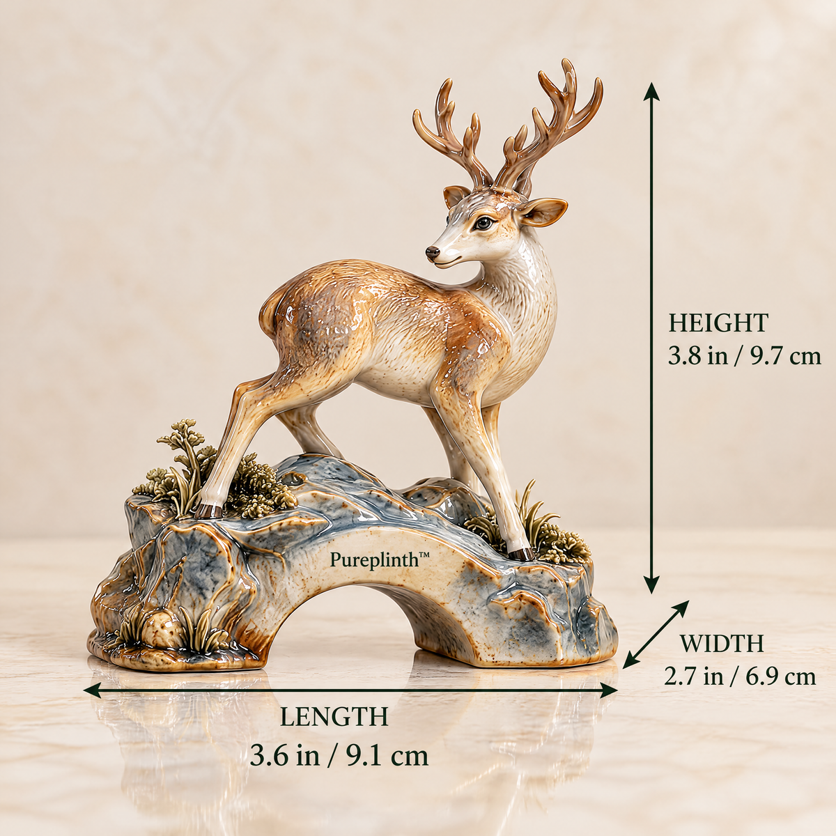 Pureplinth™ Cloudbridge Deer – Ceramic Deer & Stone Bridge Figurine
