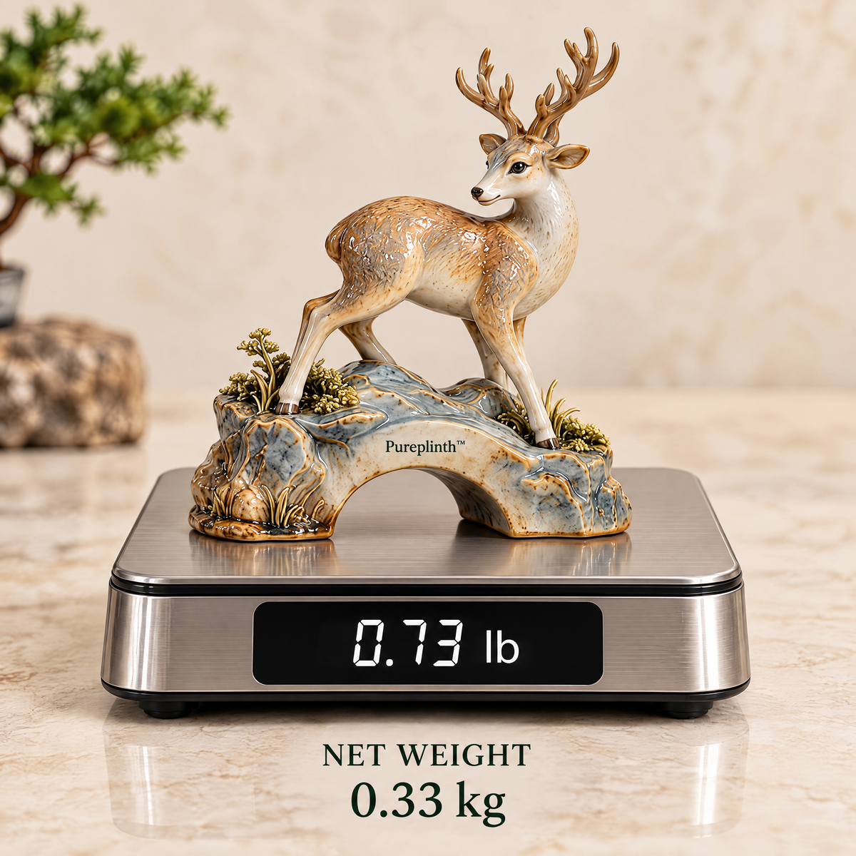 Pureplinth™ Cloudbridge Deer – Ceramic Deer & Stone Bridge Figurine