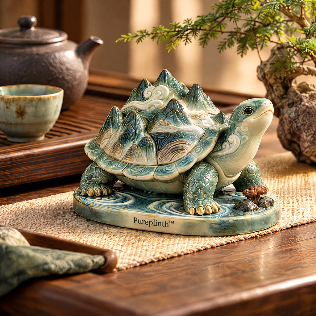 Pureplinth™ Emerald Cloud Turtle – Ceramic Turtle & Mountain Shell Figurine