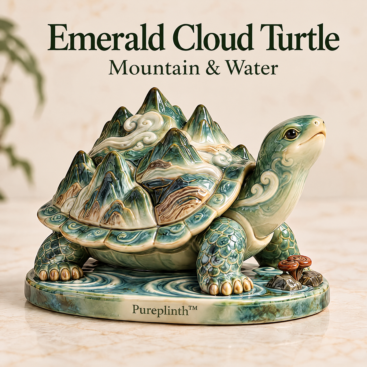 Pureplinth™ Emerald Cloud Turtle – Ceramic Turtle & Mountain Shell Figurine