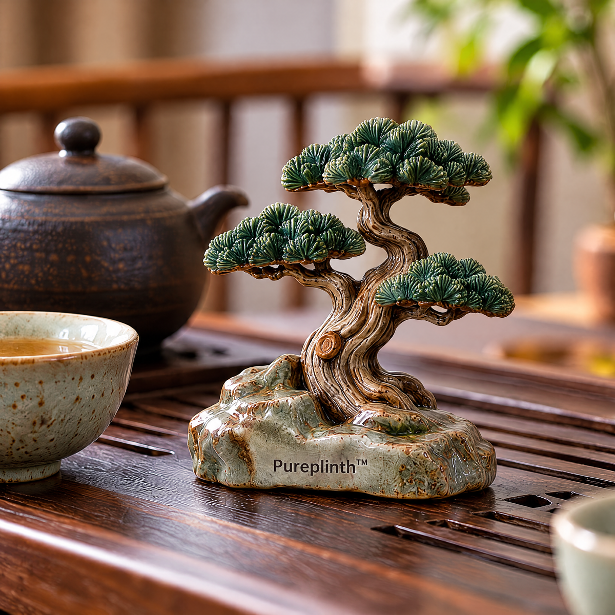 Pureplinth™ Pine Sentinel – Wind-Swept Ceramic Pine & Rock Figurine