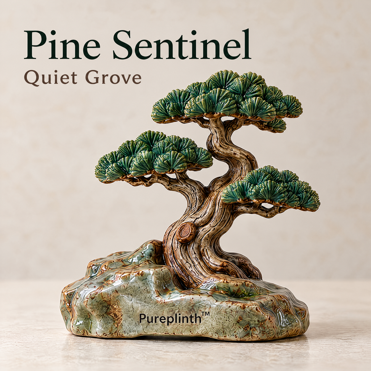 Pureplinth™ Pine Sentinel – Wind-Swept Ceramic Pine & Rock Figurine