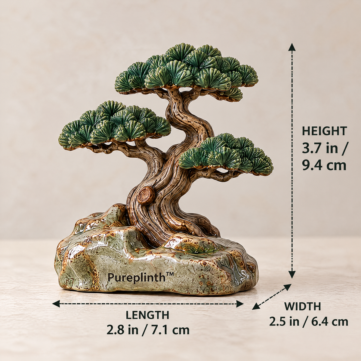 Pureplinth™ Pine Sentinel – Wind-Swept Ceramic Pine & Rock Figurine