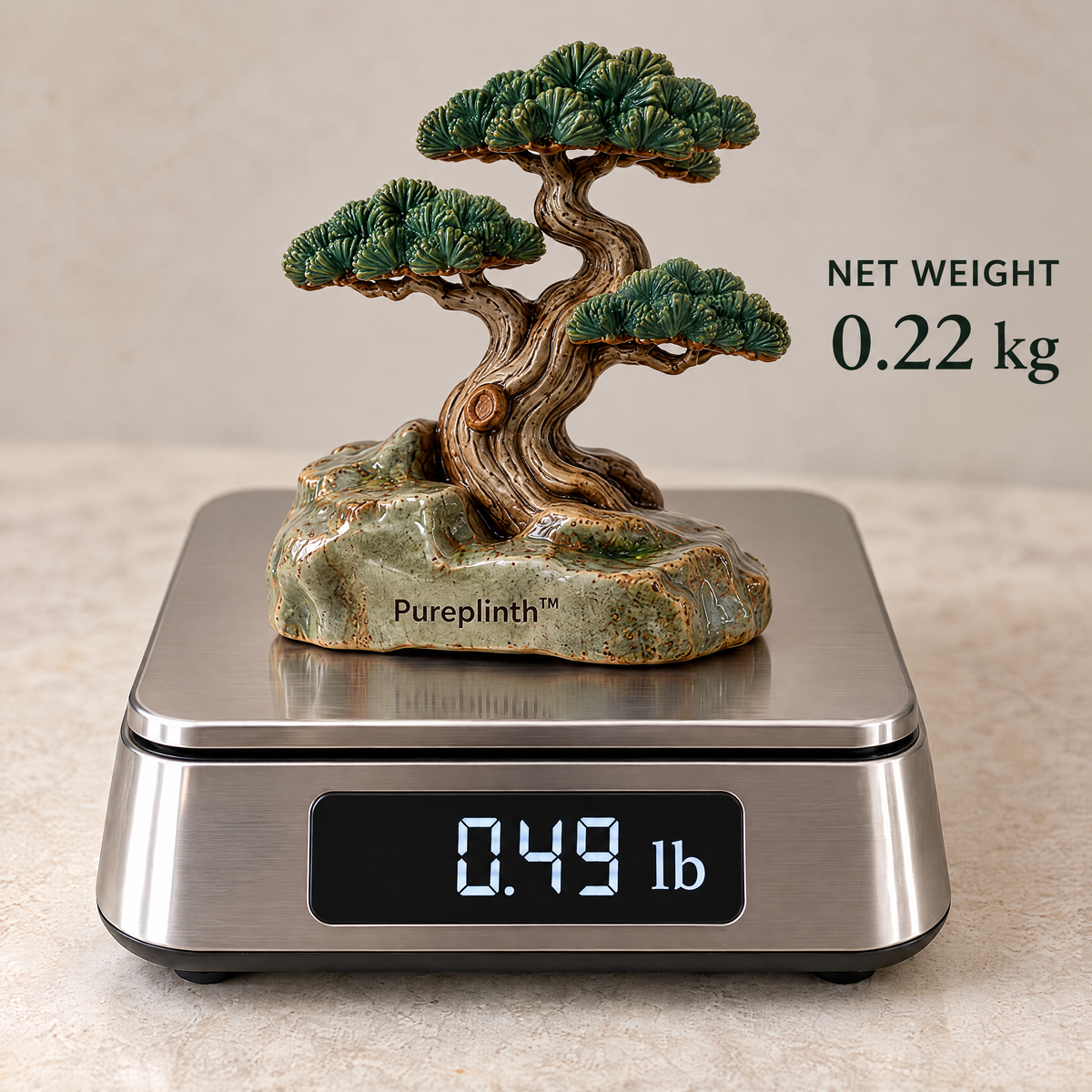 Pureplinth™ Pine Sentinel – Wind-Swept Ceramic Pine & Rock Figurine