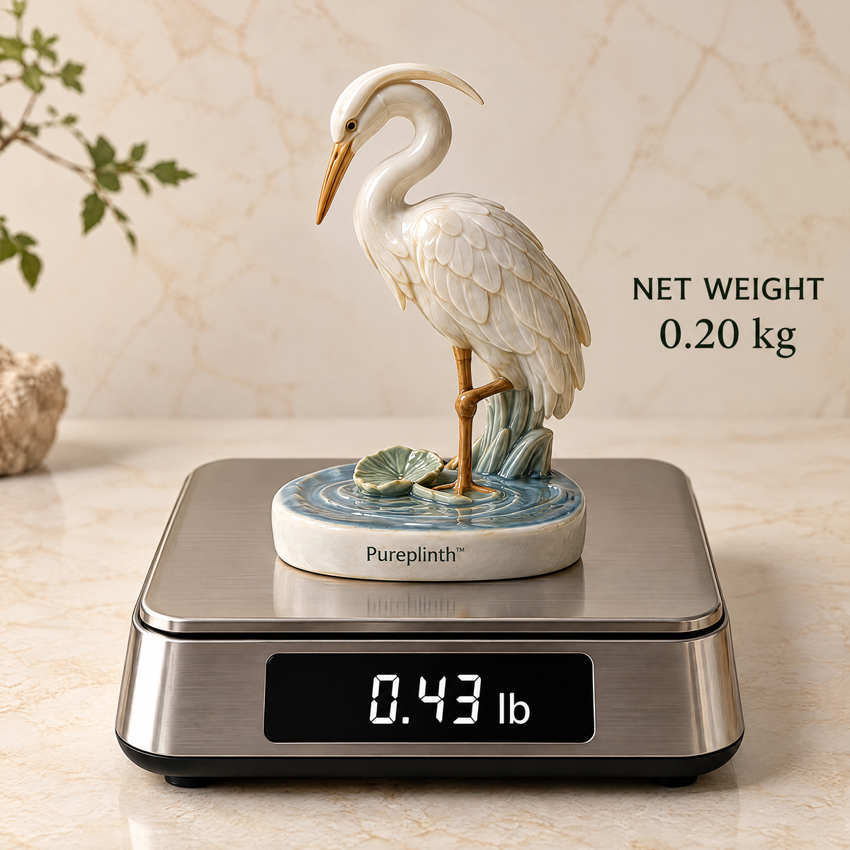 Pureplinth™ Moonlit Heron – Hand-Glazed Ceramic Heron & Ripple Figurine