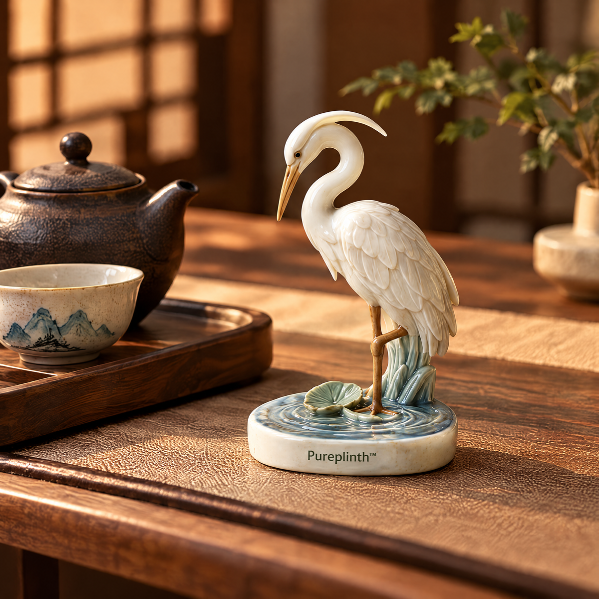 Pureplinth™ Moonlit Heron – Hand-Glazed Ceramic Heron & Ripple Figurine