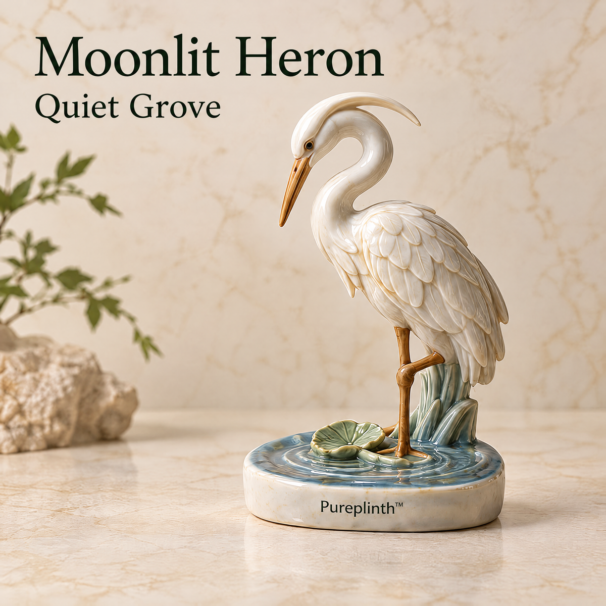 Pureplinth™ Moonlit Heron – Hand-Glazed Ceramic Heron & Ripple Figurine