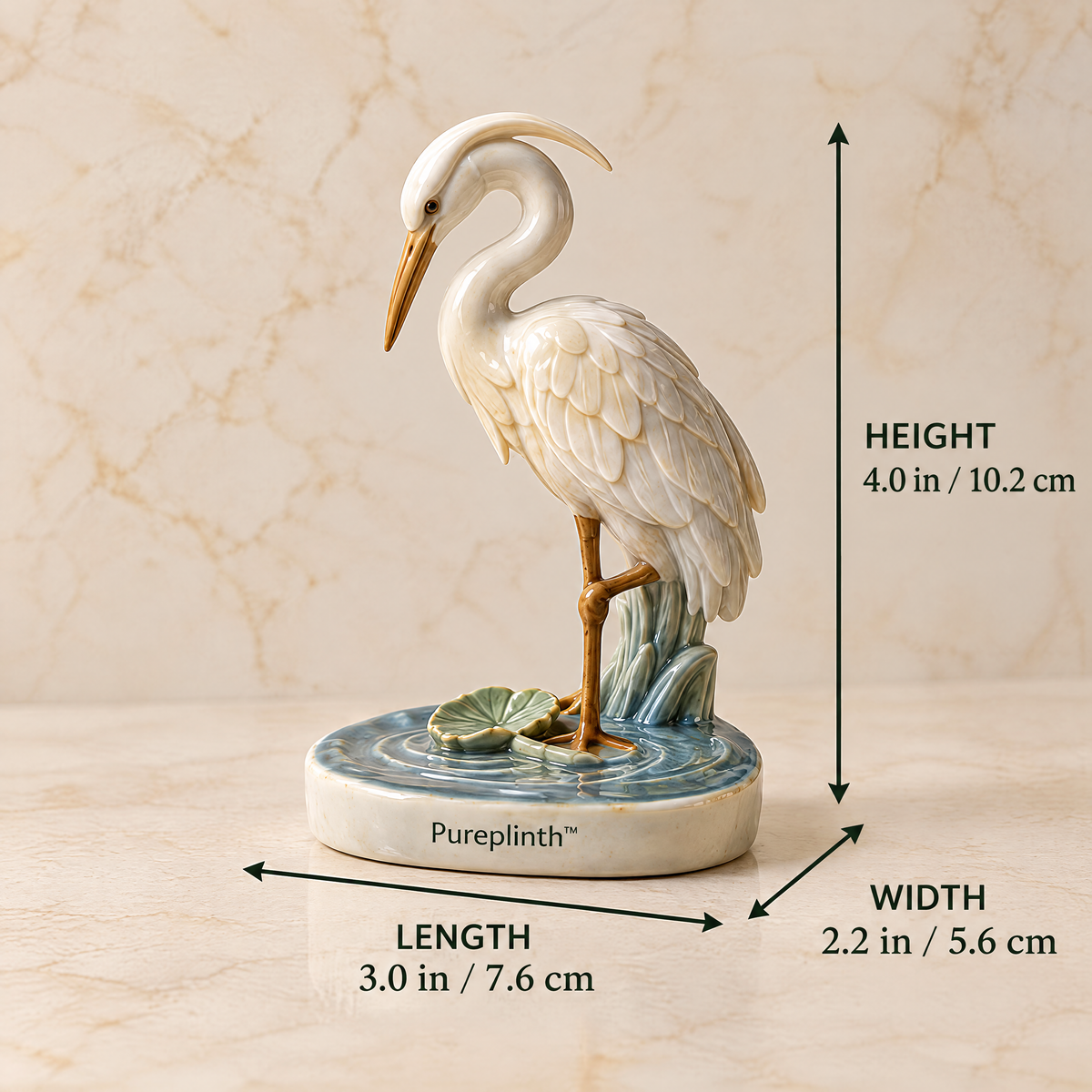 Pureplinth™ Moonlit Heron – Hand-Glazed Ceramic Heron & Ripple Figurine