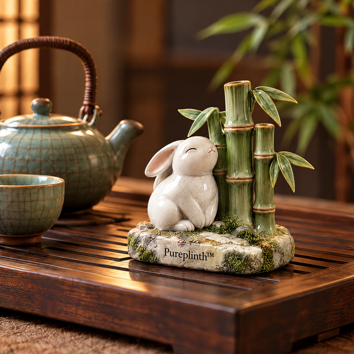 Pureplinth™ Bamboo Scholar – Ceramic Rabbit & Bamboo Grove Figurine