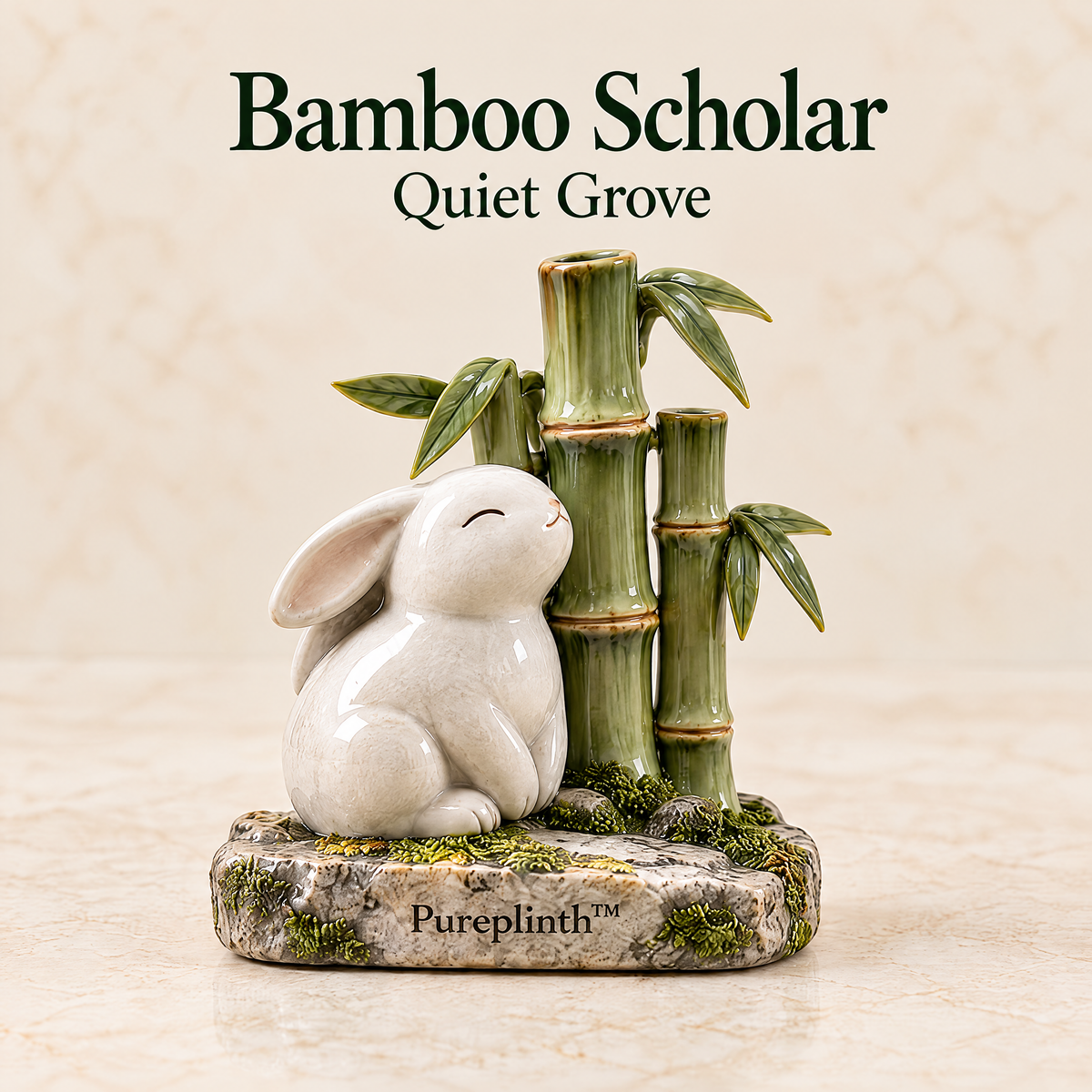 Pureplinth™ Bamboo Scholar – Ceramic Rabbit & Bamboo Grove Figurine
