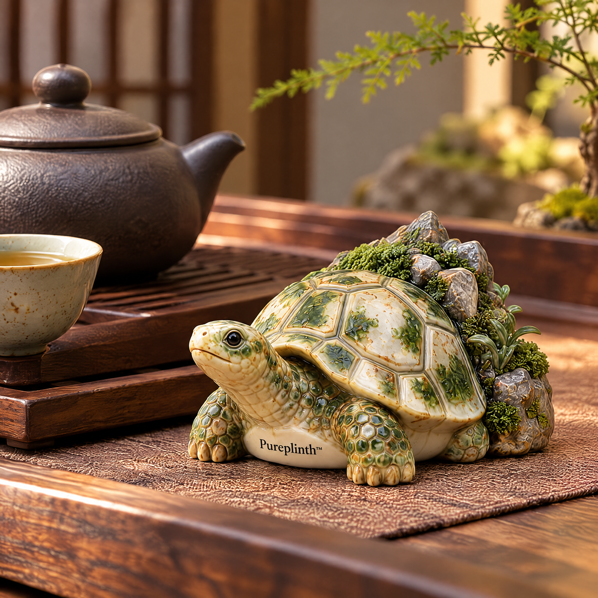 Pureplinth™ Mossback Tortoise – Ceramic Tortoise & Mossy Rock Figurine