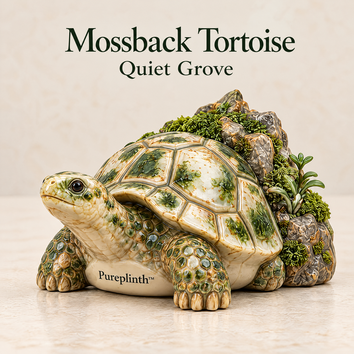 Pureplinth™ Mossback Tortoise – Ceramic Tortoise & Mossy Rock Figurine