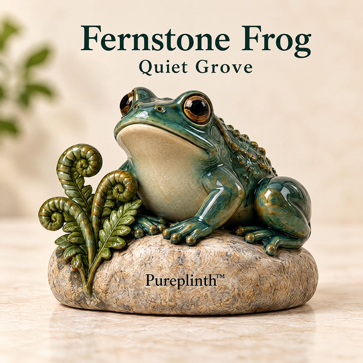 Pureplinth™ Fernstone Frog – Ceramic Frog & Fern Tea Pet