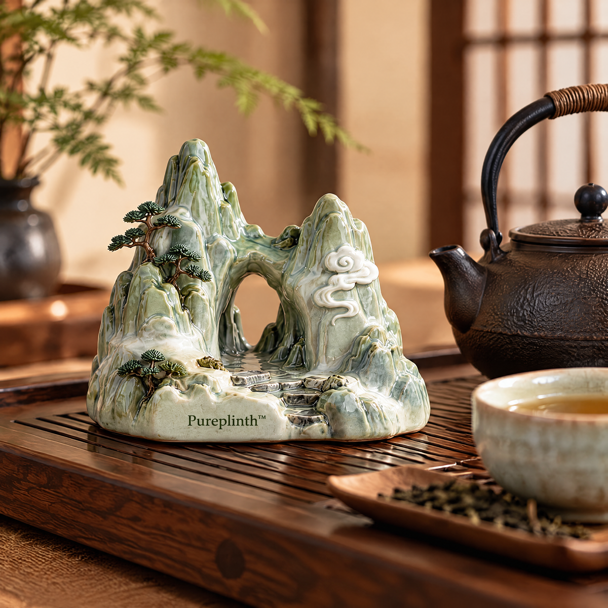 Pureplinth™ Celadon Mountain Gate – Ceramic Mountain Arch & Rock Figurine