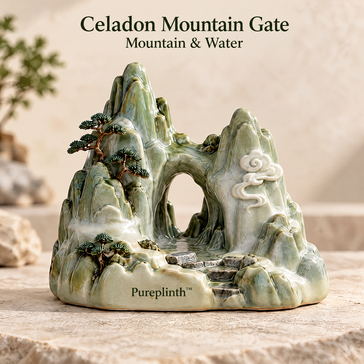 Pureplinth™ Celadon Mountain Gate – Ceramic Mountain Arch & Rock Figurine