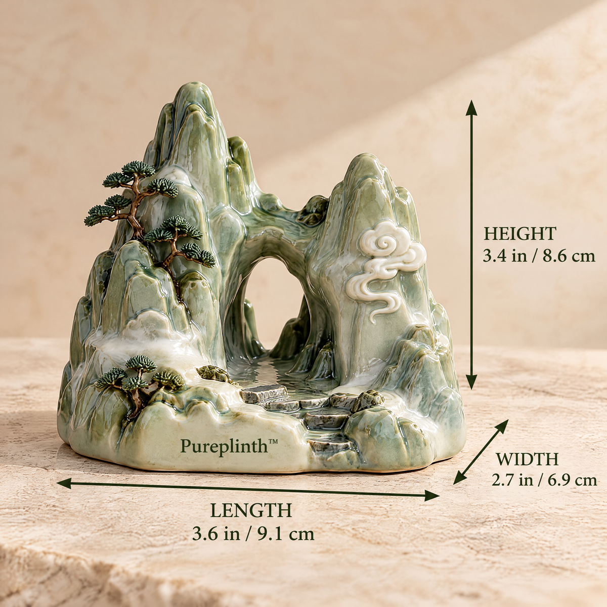 Pureplinth™ Celadon Mountain Gate – Ceramic Mountain Arch & Rock Figurine