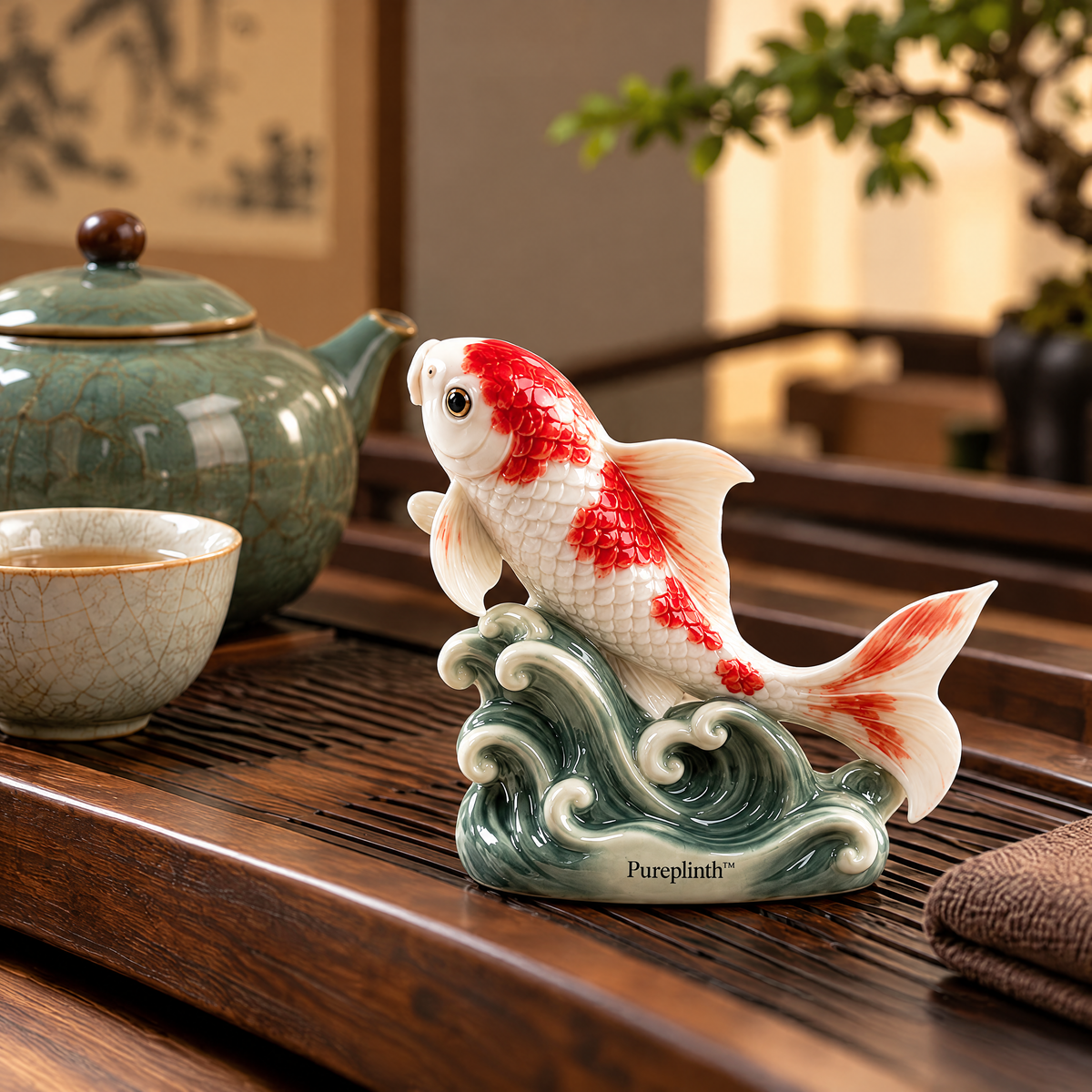 Pureplinth™ Riverstone Koi – Ceramic Koi Fish & Wave Figurine