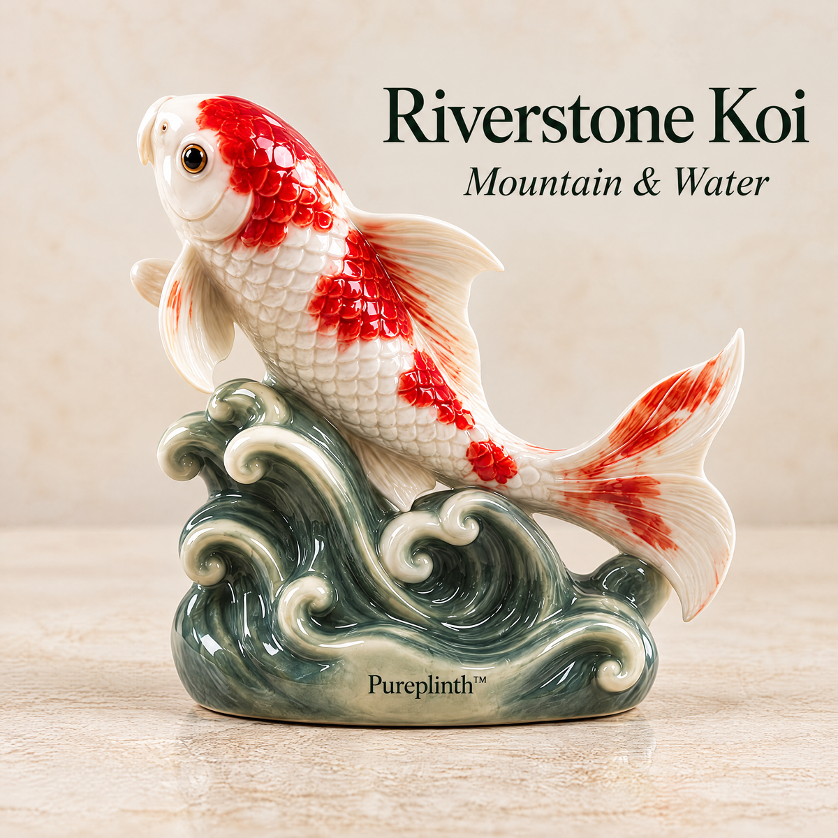 Pureplinth™ Riverstone Koi – Ceramic Koi Fish & Wave Figurine
