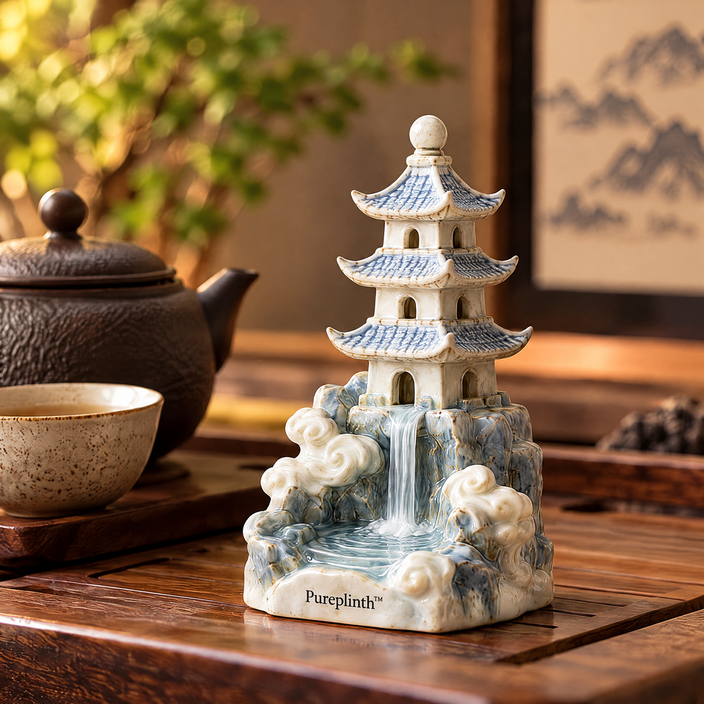 Pureplinth™ Mistfall Pagoda – Ceramic Pagoda & Waterfall Figurine