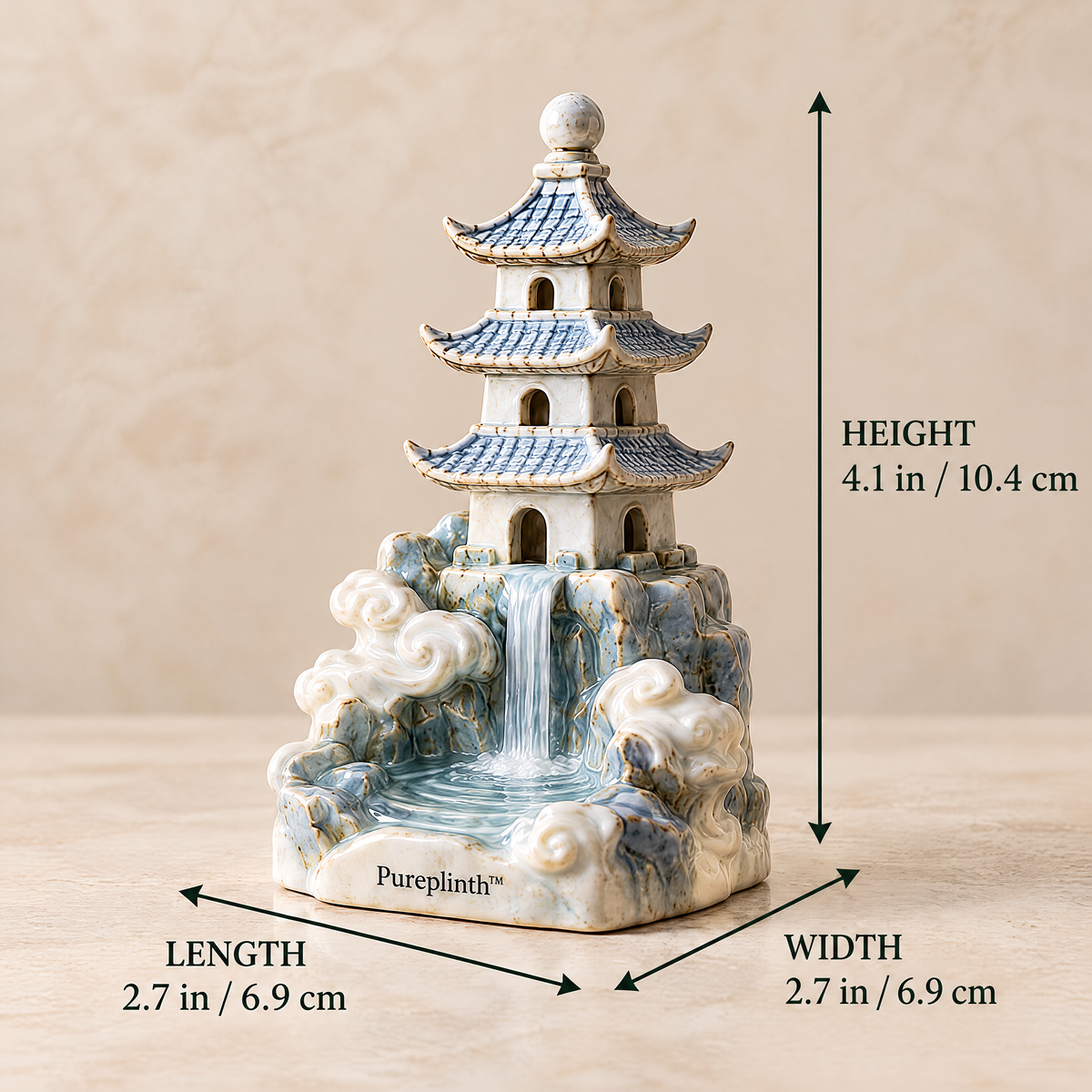 Pureplinth™ Mistfall Pagoda – Ceramic Pagoda & Waterfall Figurine
