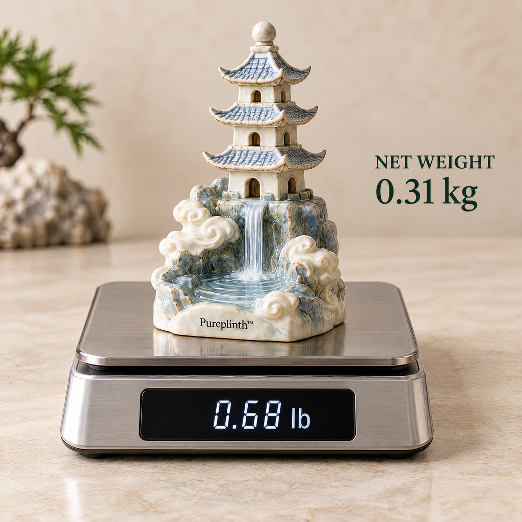 Pureplinth™ Mistfall Pagoda – Ceramic Pagoda & Waterfall Figurine